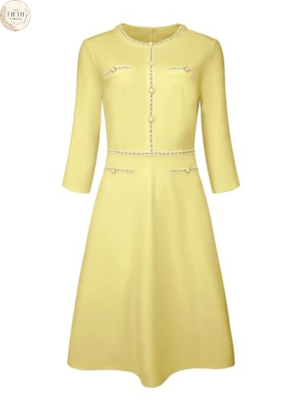 Hobemty Women's Tweed Trim 3/4 Sleeve A-Line Midi Work Dress